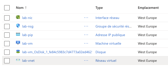 Ressources déployées dans lab-rg