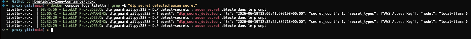 Capture des logs du conteneur LiteLLM : un WARNING JSON dlp_secret_detected avec secret_types AWS Access Key sur la fausse clé, puis un DEBUG aucun secret détecté sur le prompt TCP versus UDP