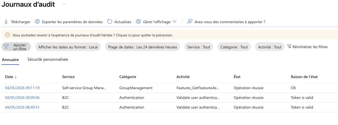 Journaux d’audit Entra ID — événement Add user avec propriétés détaillées
