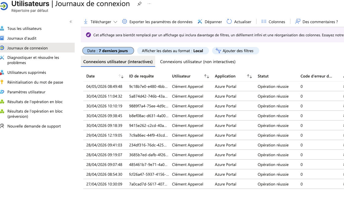 Journaux de connexion Entra ID — détail d’un événement d’authentification