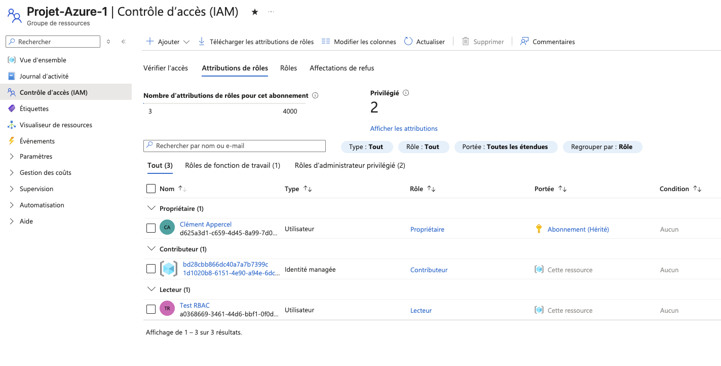 Vérification d’accès IAM — rôle Lecteur assigné sur Projet-Azure-1